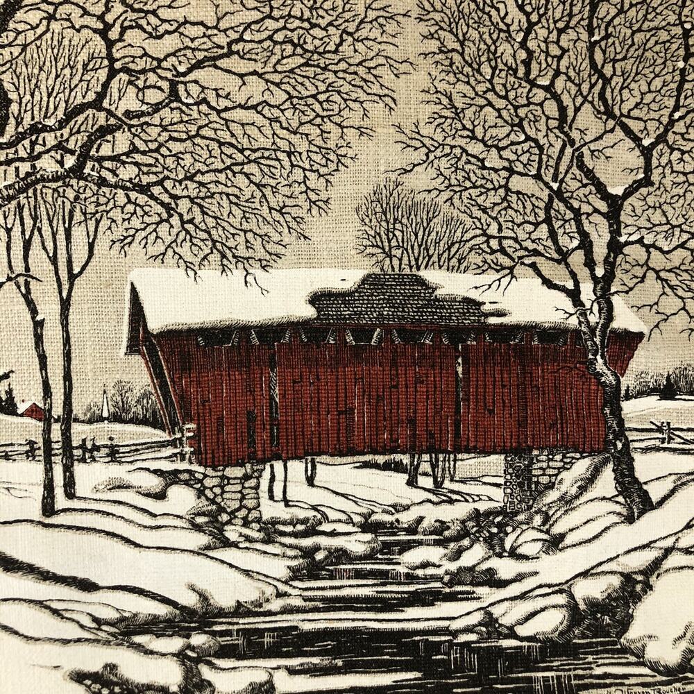 Linen Wall Calendar 1967 Warren Boucher Covered Bridge Red Snowy Winter Scene - Picture 4 of 14